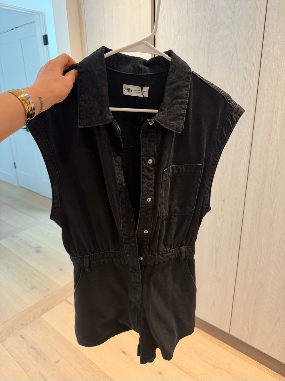 ZARA Black Denim Romper with Collar